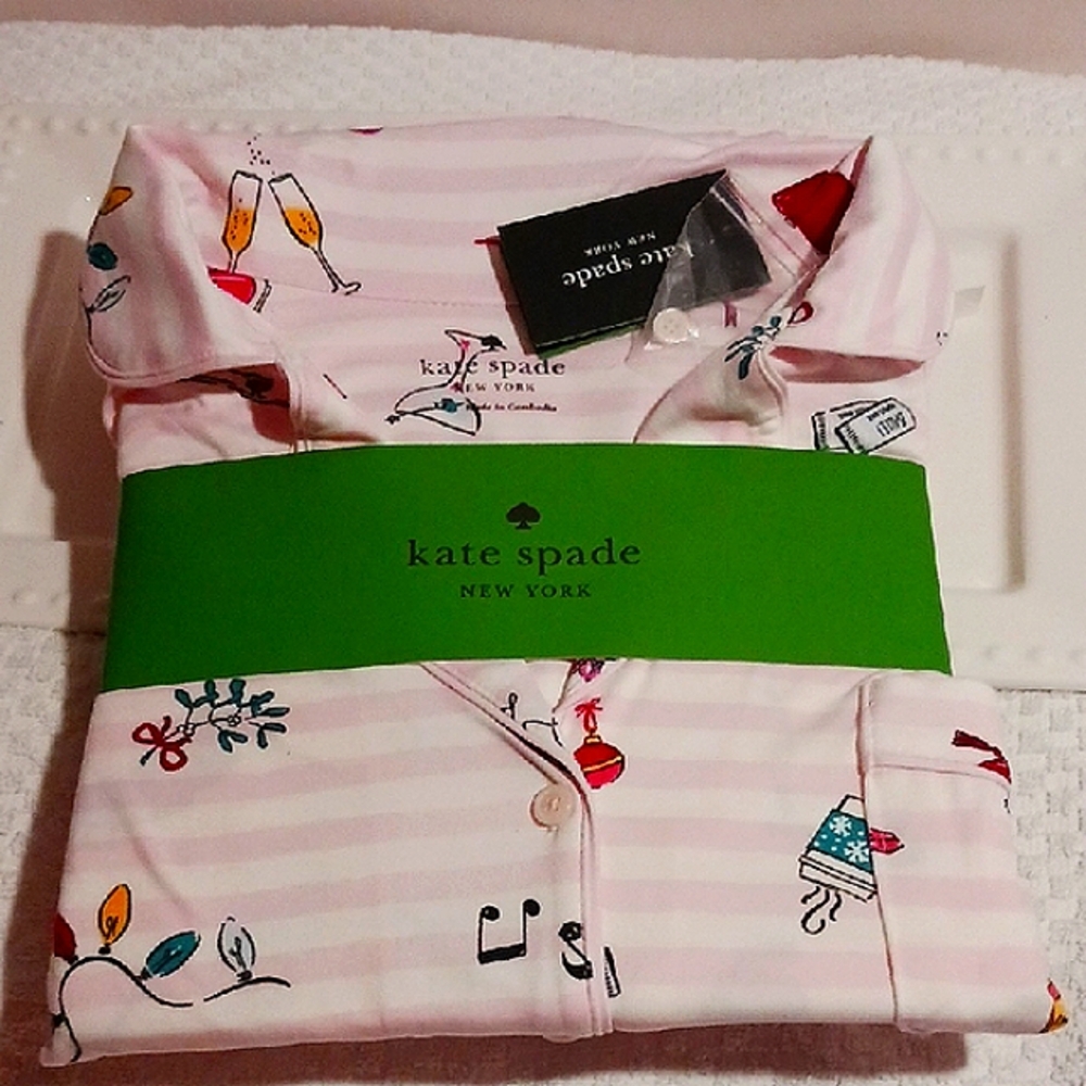 Kate Spade Light Pink Stripe Festive Pajama Set XL ⛸️🎵👛💄🥂🍾🍸 - Picture 10 of 13